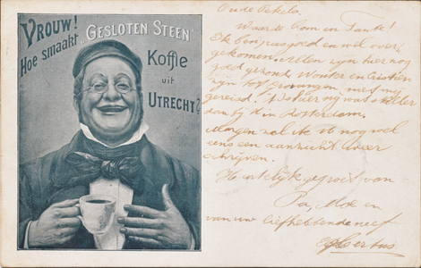 711285 Briefkaart, beschreven, van G. Ribbius Pelletier Jr., “De Gesloten Steen”, [Sigaren Fabriek, ...